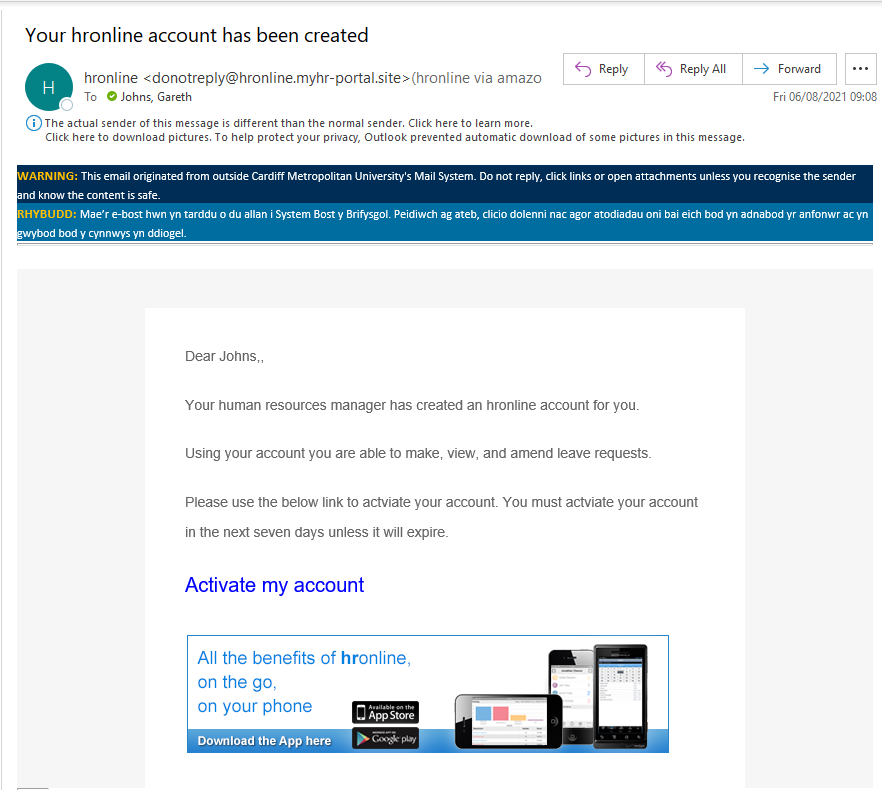 Screenshot of the phishing simulation email